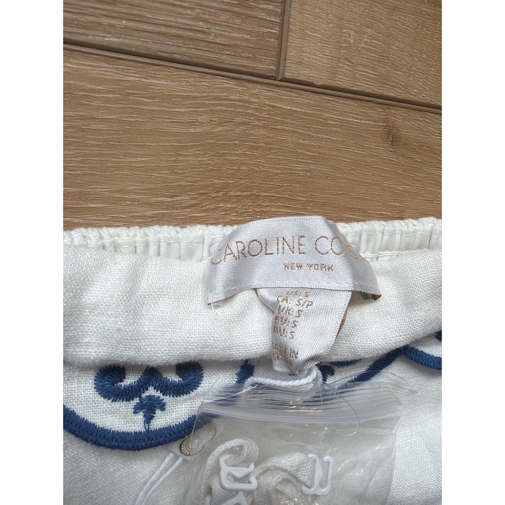 Caroline Constas White Navy Embroidered Linen Strapless Romper Scallop Hem Small - Picture 2 of 9